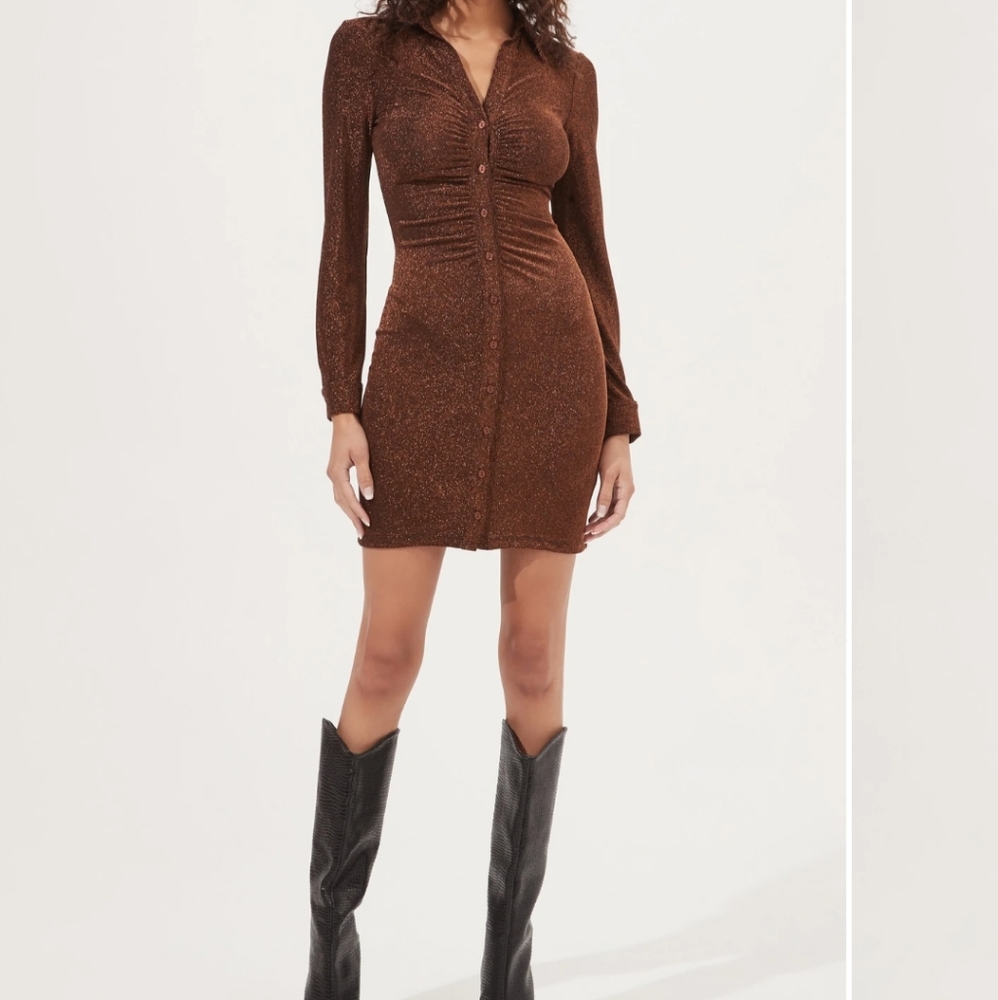 ASTR Copper Metallic Ruched Button Down Dress